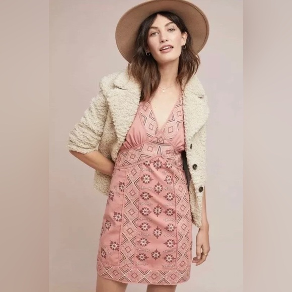 Anthropologie Love Sam Embroidered Monterey Dress - Natural Pink Rose - Picture 2 of 12